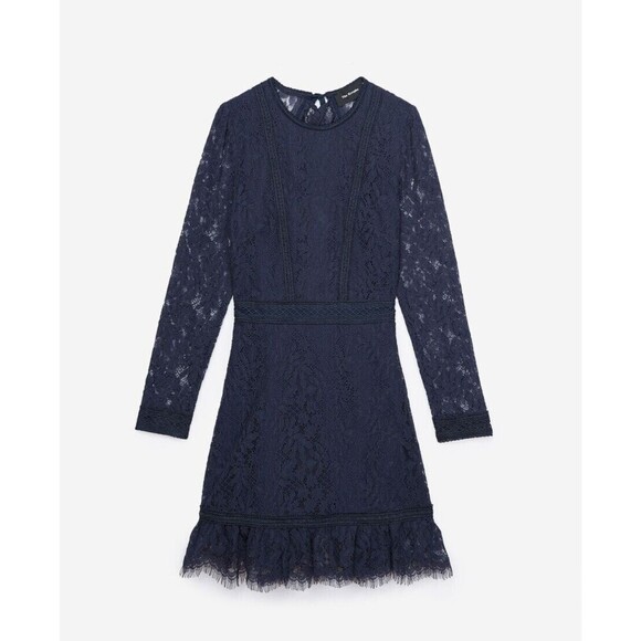 The Kooples Long-Sleeve Open-Back Mini Lace Dress Navy Size 3 Large - Picture 1 of 9